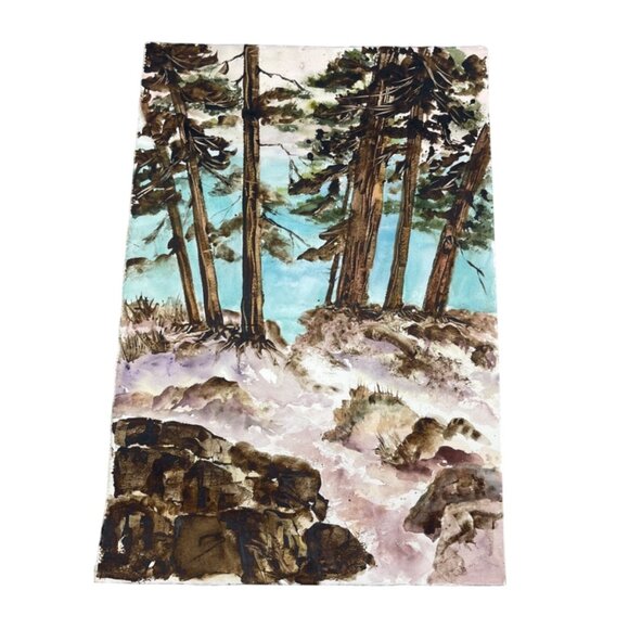 Watercolor Landscape Painting On Heavy Paper forest trees lake brown blue READ - Picture 1 of 6